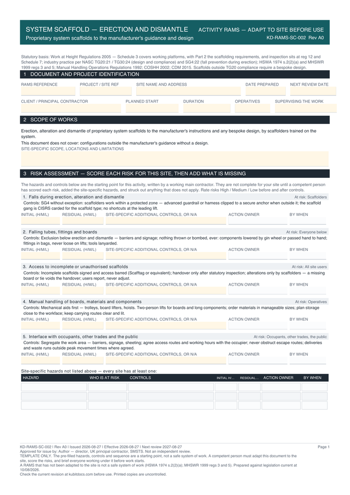System Scaffold — Erection and Dismantle — page one