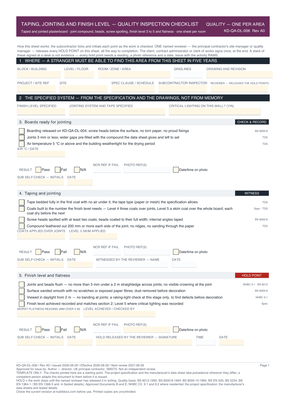 Taping, Jointing and Finish Level — Quality Inspection Checklist — page one