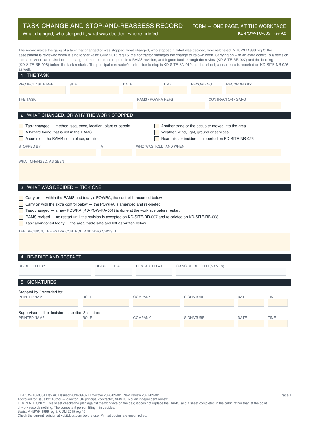 Task Change and Stop-and-Reassess Record — page one