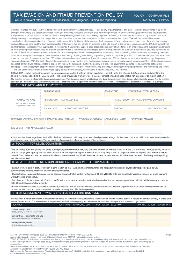 Tax Evasion and Fraud Prevention Policy — page one