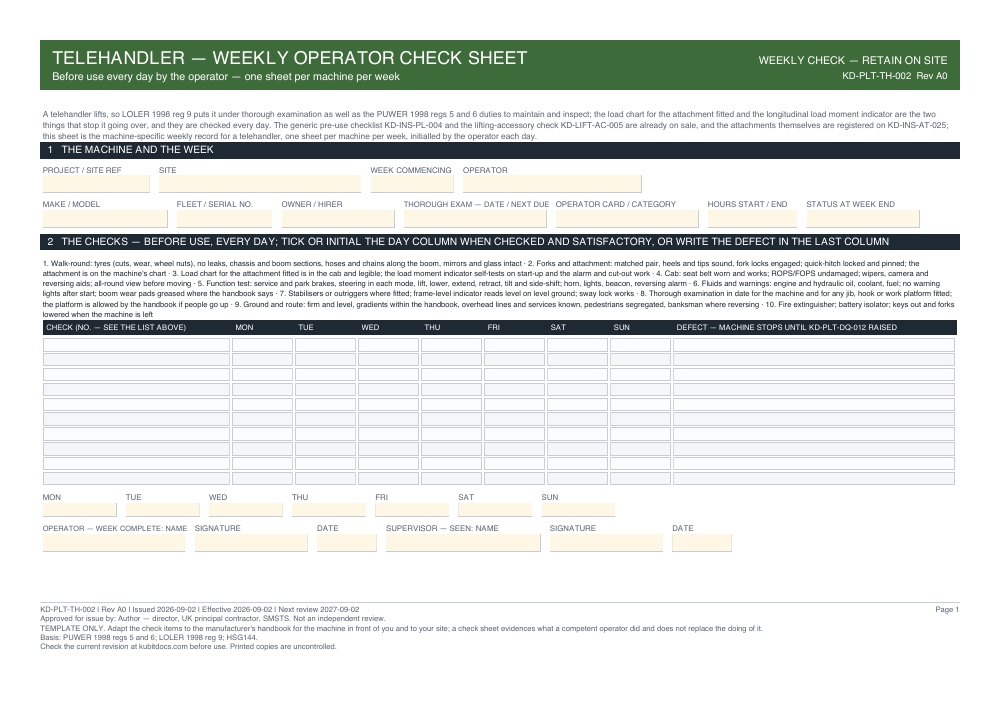 Telehandler — Weekly Operator Check Sheet — page one