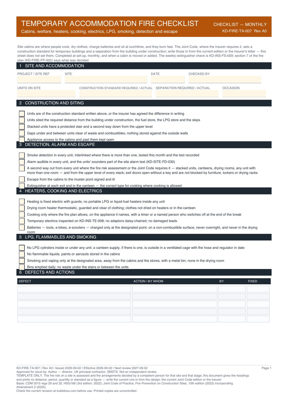 Temporary Accommodation Fire Checklist — page one