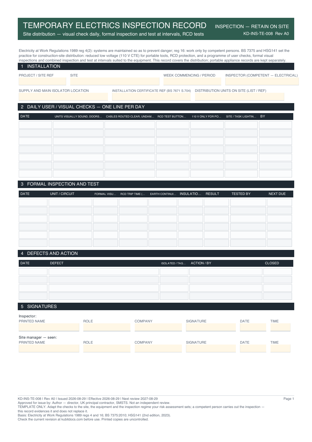 Temporary Electrics Inspection Record — page one