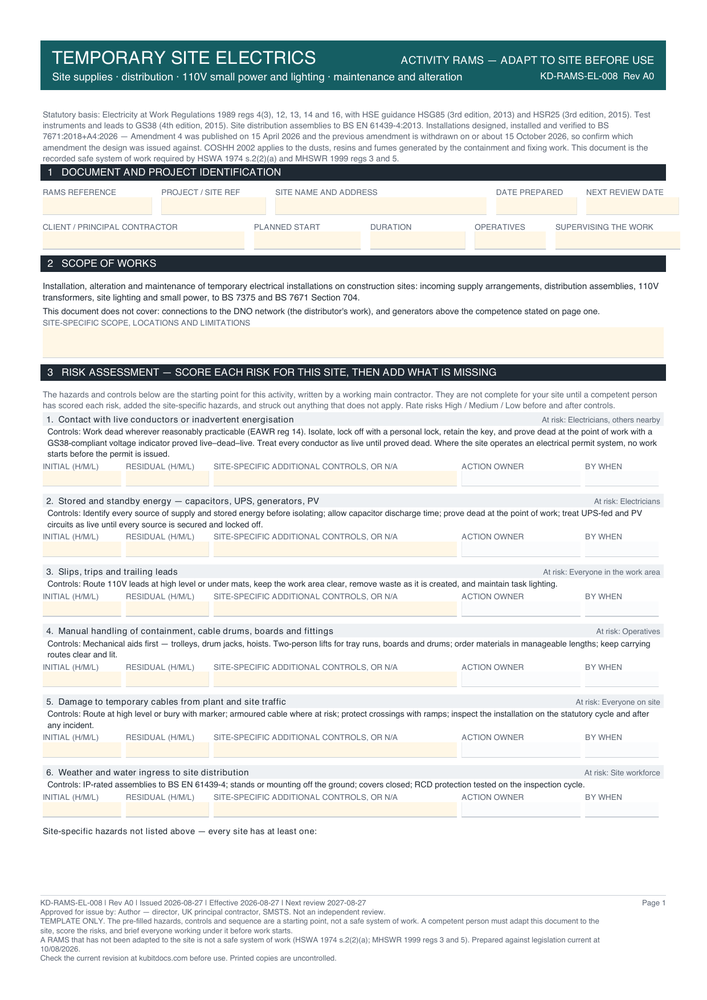 Temporary Site Electrics — page one