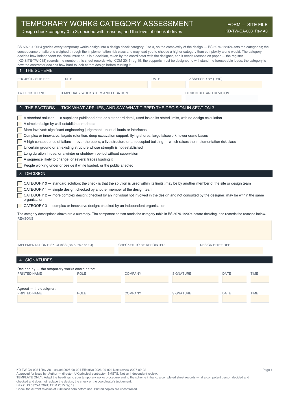 Temporary Works Category Assessment — page one