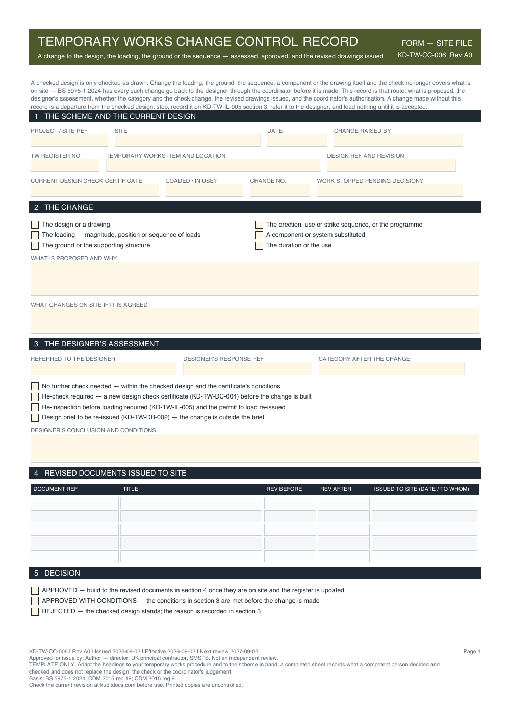 Temporary Works Change Control Record — page one