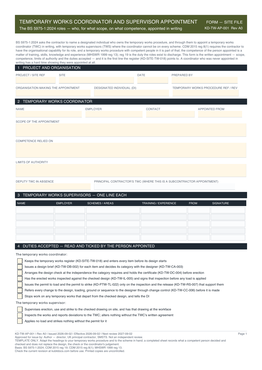 Temporary Works Coordinator and Supervisor Appointment — page one