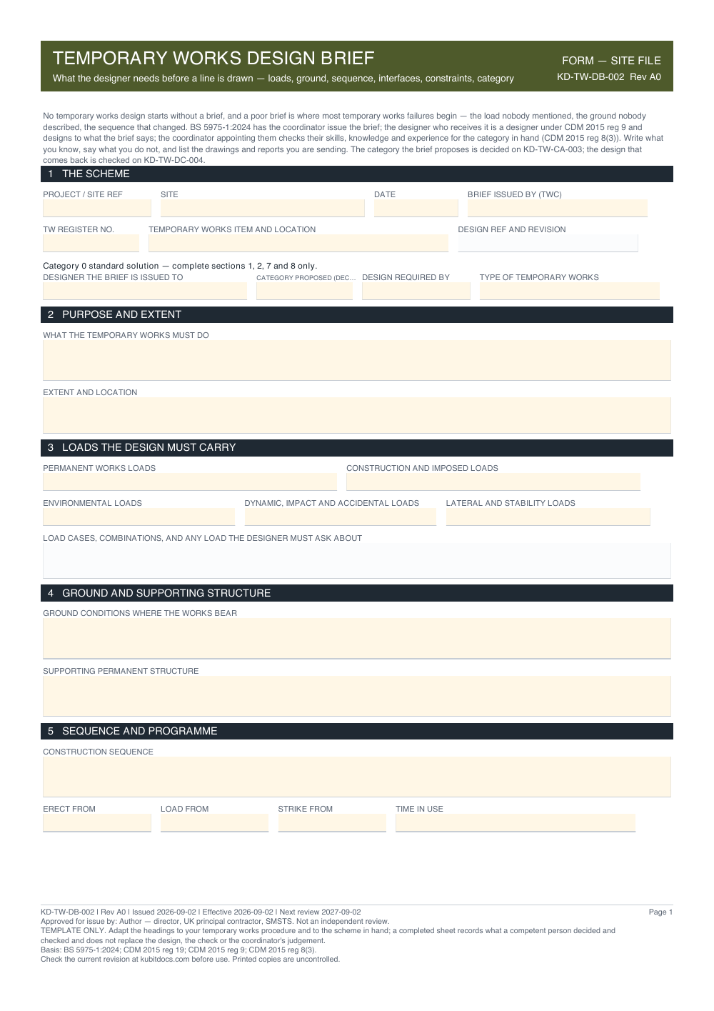 Temporary Works Design Brief — page one