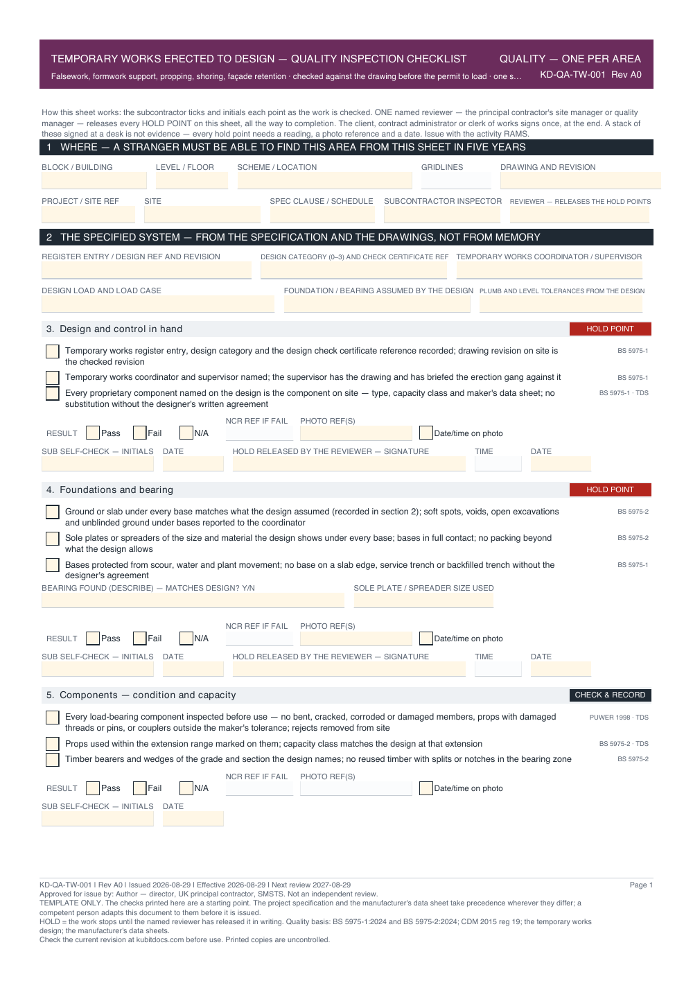 Temporary Works Erected to Design — Quality Inspection Checklist — page one