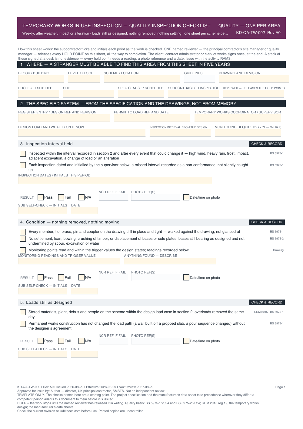 Temporary Works In-Use Inspection — Quality Inspection Checklist — page one