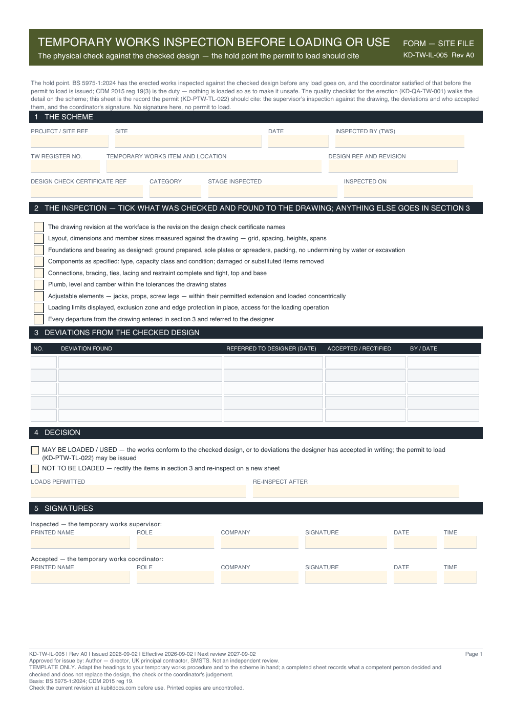 Temporary Works Inspection Before Loading or Use — page one