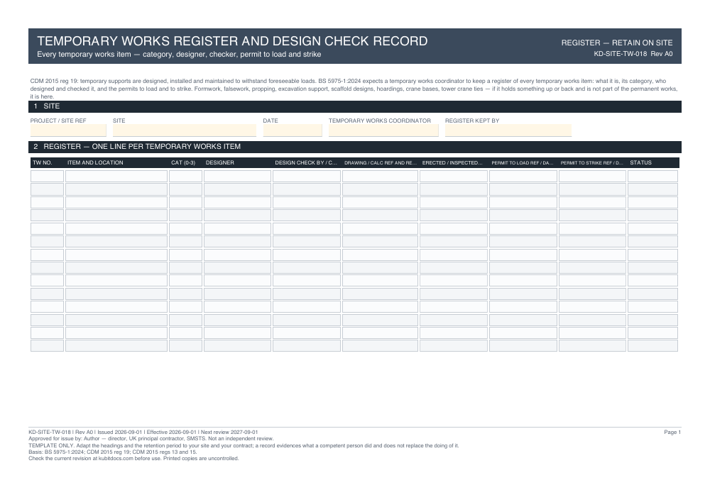 Temporary Works Register and Design Check Record — page one