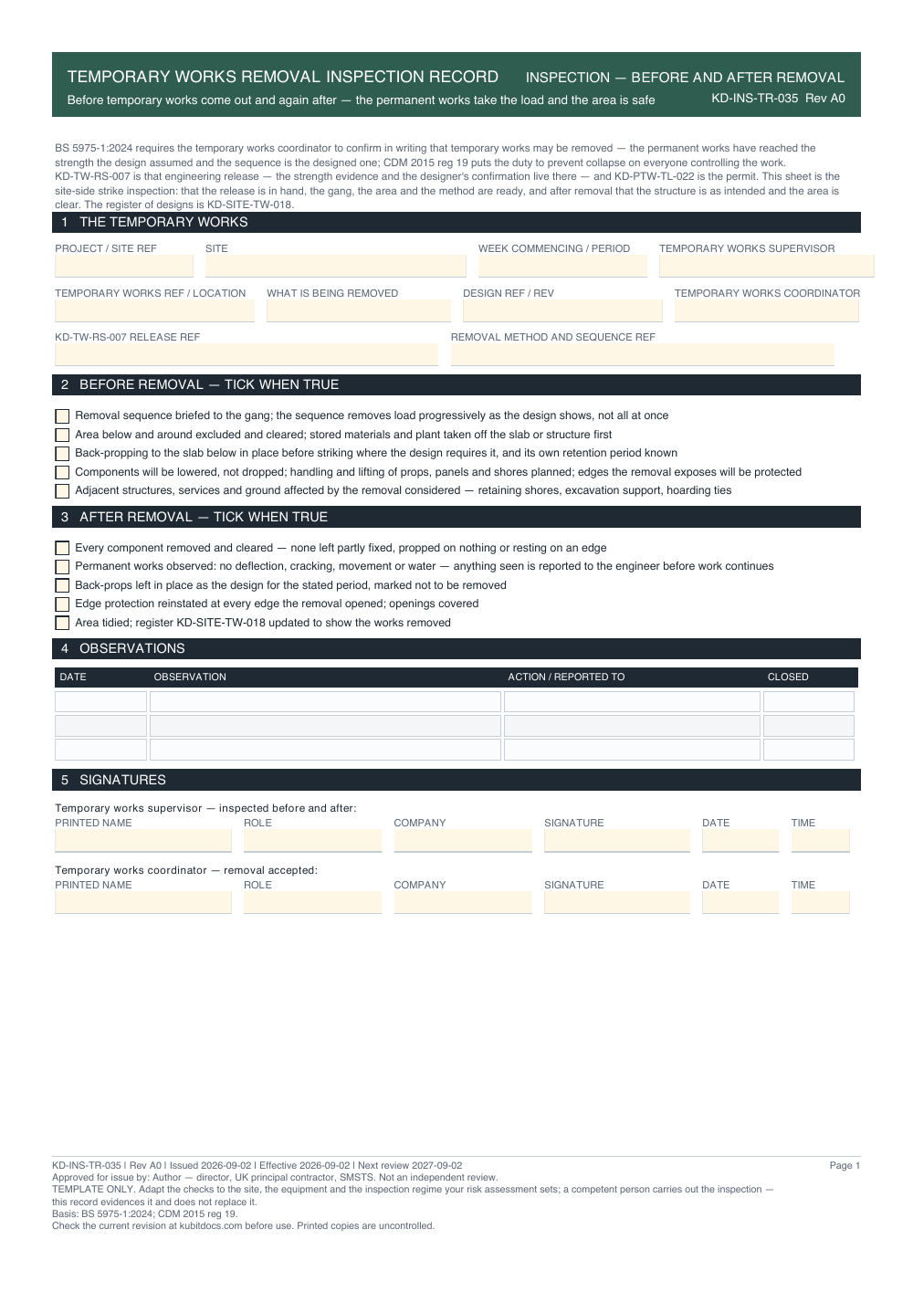 Temporary Works Removal Inspection Record — page one