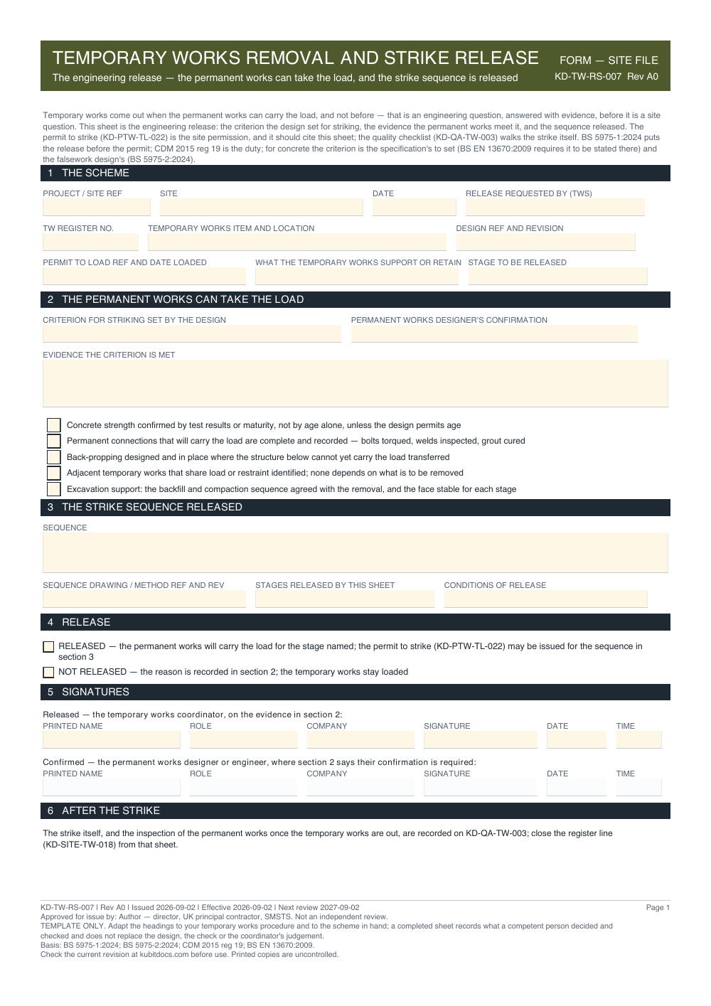Temporary Works Removal and Strike Release — page one