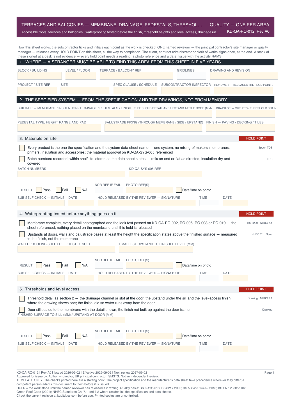 Terraces and Balconies — Membrane, Drainage, Pedestals, Thresholds and Balustrade Fixings — Quality Inspection Checklist — page one