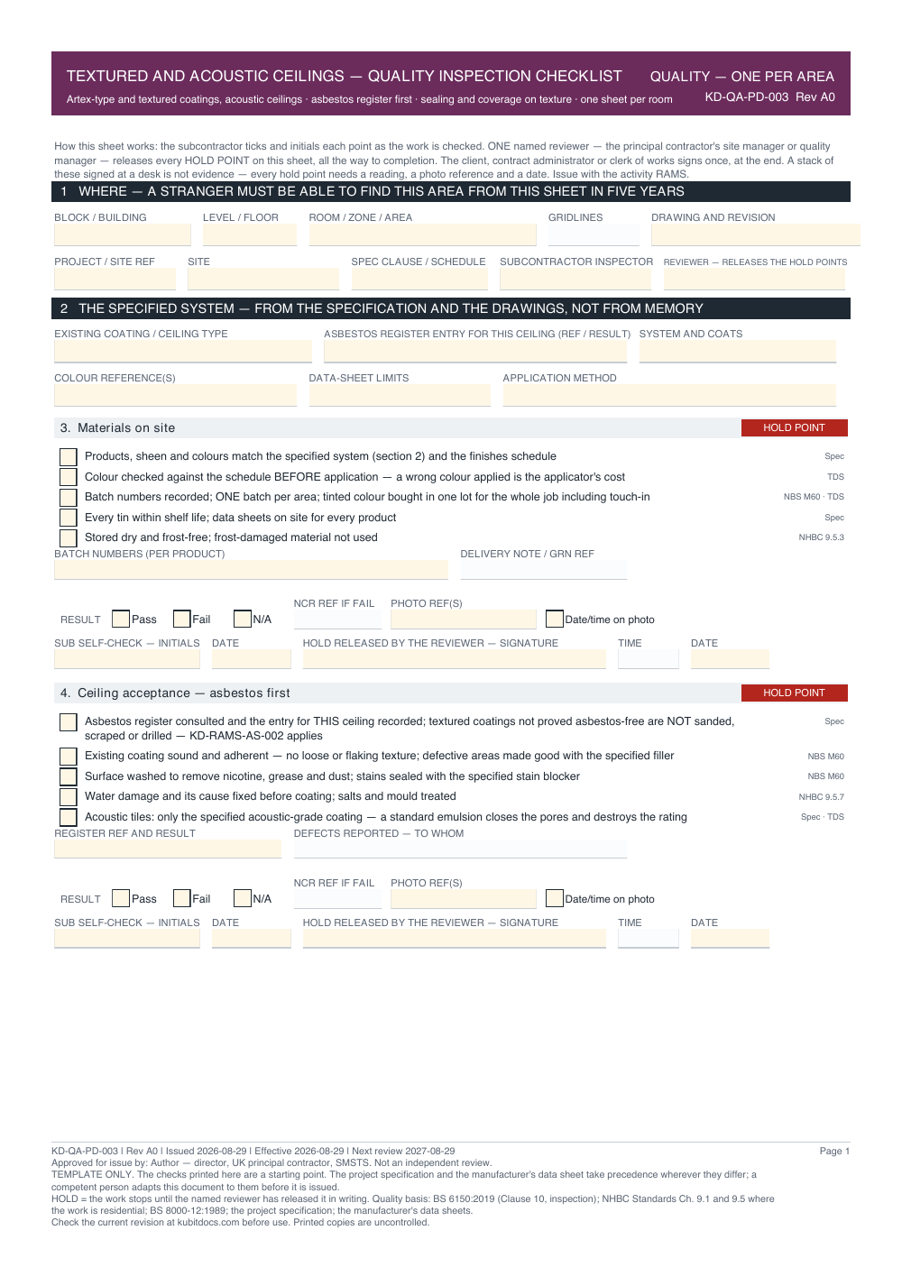 Textured and Acoustic Ceilings — Quality Inspection Checklist — page one