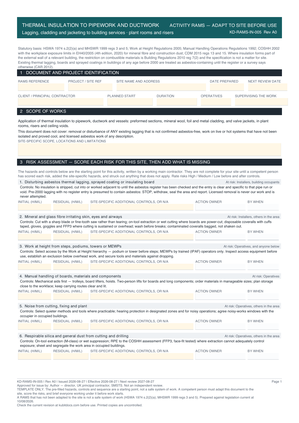 Thermal Insulation to Pipework and Ductwork — page one
