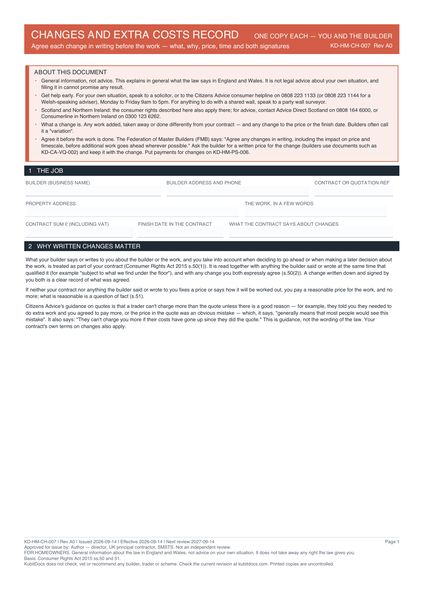 Changes and Extra Costs Record preview