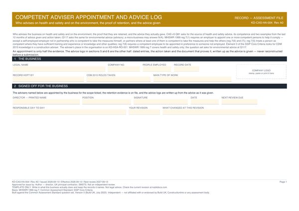 Competent Adviser Appointment and Advice Log preview