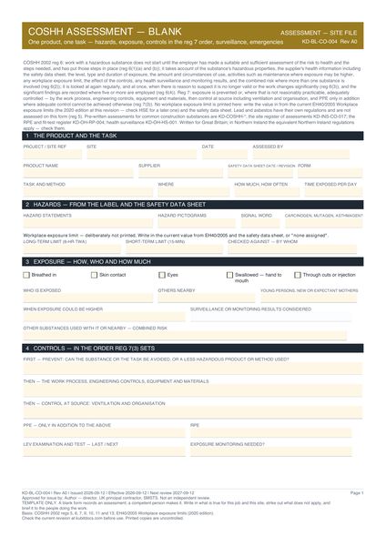 COSHH Assessment — Blank preview