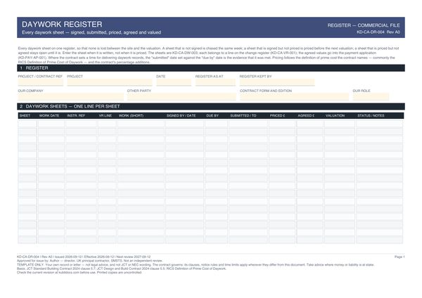 Daywork Register preview