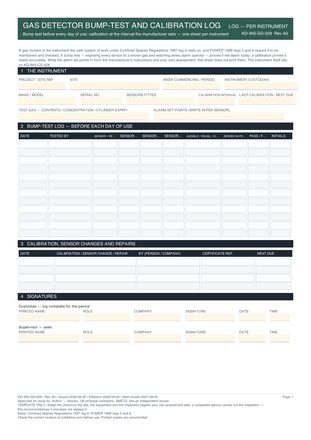 Gas Detector Bump-Test and Calibration Log preview