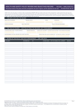 Health and Safety Policy Review and Objectives Record preview