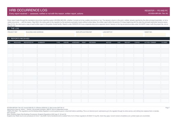 HRB Occurrence Log preview