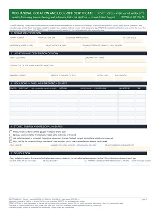 Mechanical Isolation and Lock-Off Certificate preview
