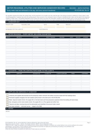 Meter Readings, Utilities and Services Handover Record preview