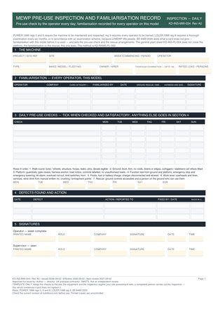 MEWP Pre-Use Inspection and Familiarisation Record preview