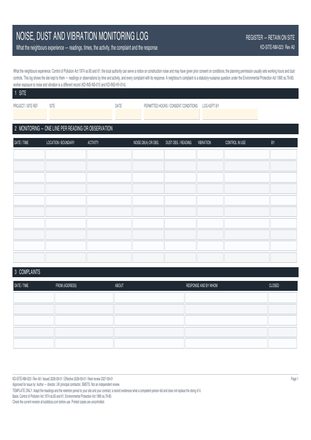 Noise, Dust and Vibration Monitoring Log preview