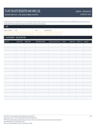 Plant on Site Register and Hire Log preview