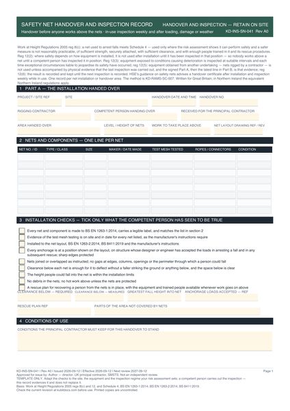 Safety Net Handover and Inspection Record preview