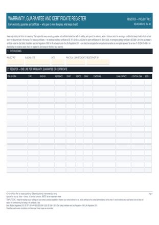 Warranty, Guarantee and Certificate Register preview