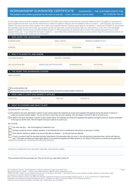 Workmanship Guarantee Certificate preview