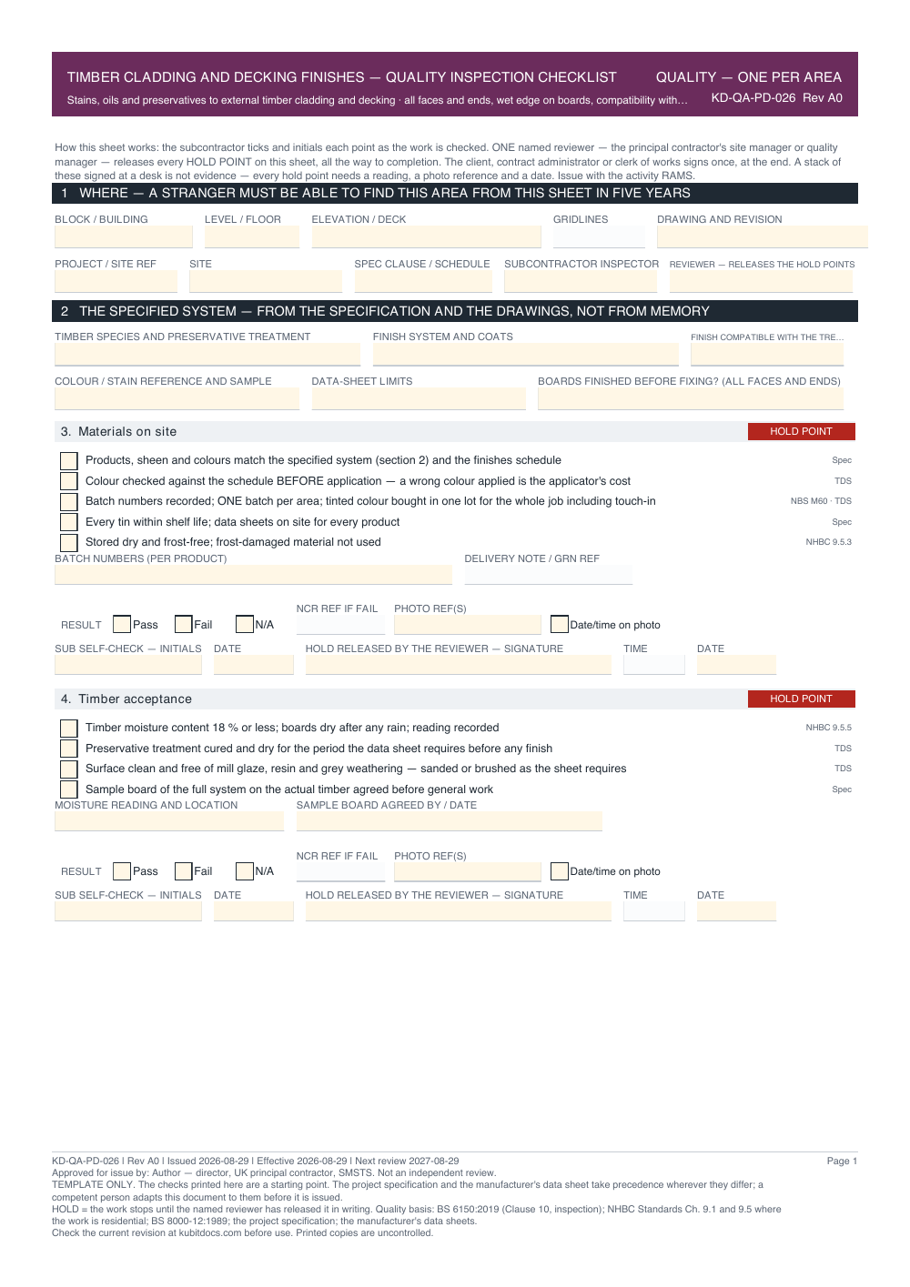 Timber Cladding and Decking Finishes — Quality Inspection Checklist — page one