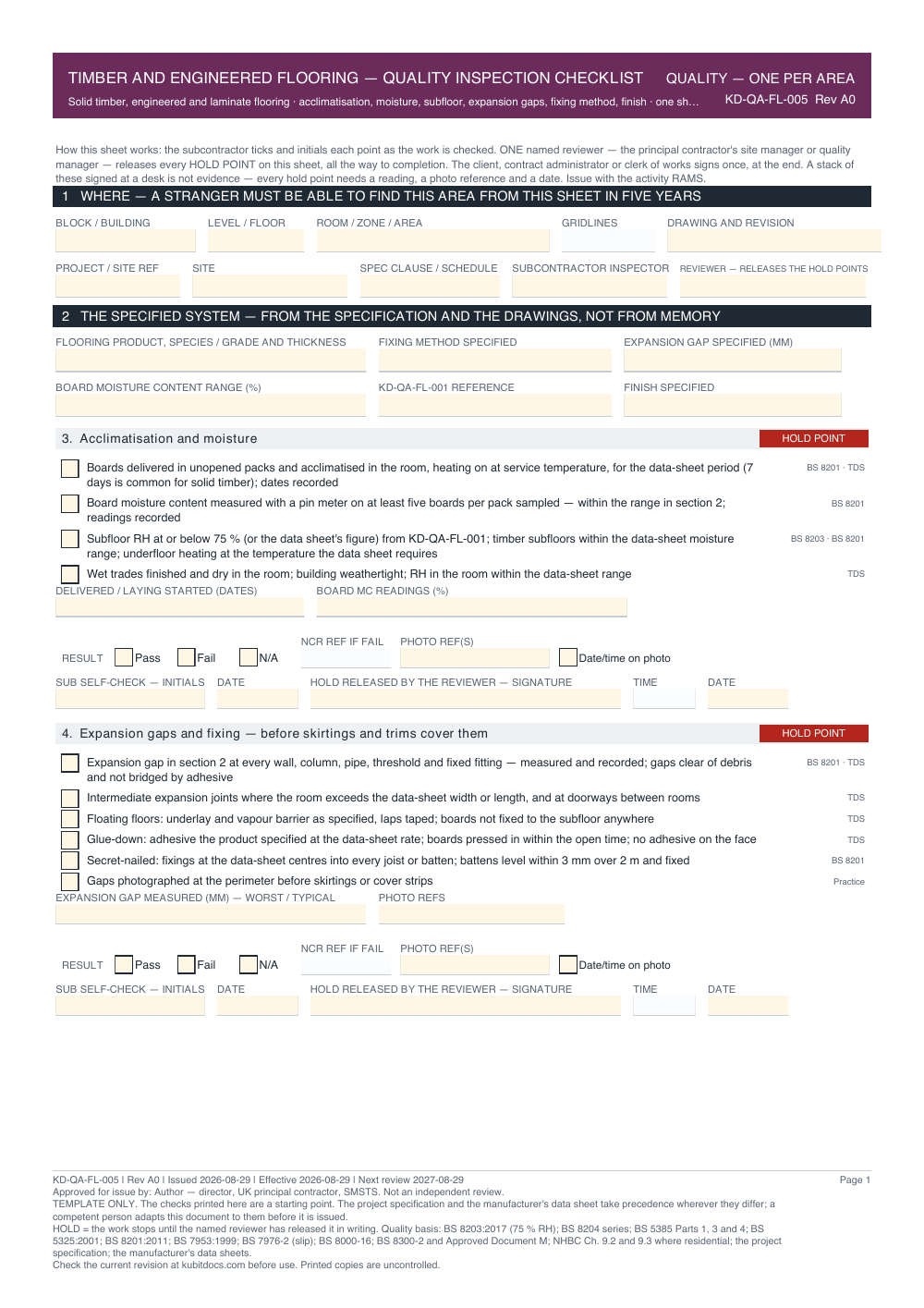 Timber and Engineered Flooring — Quality Inspection Checklist — page one