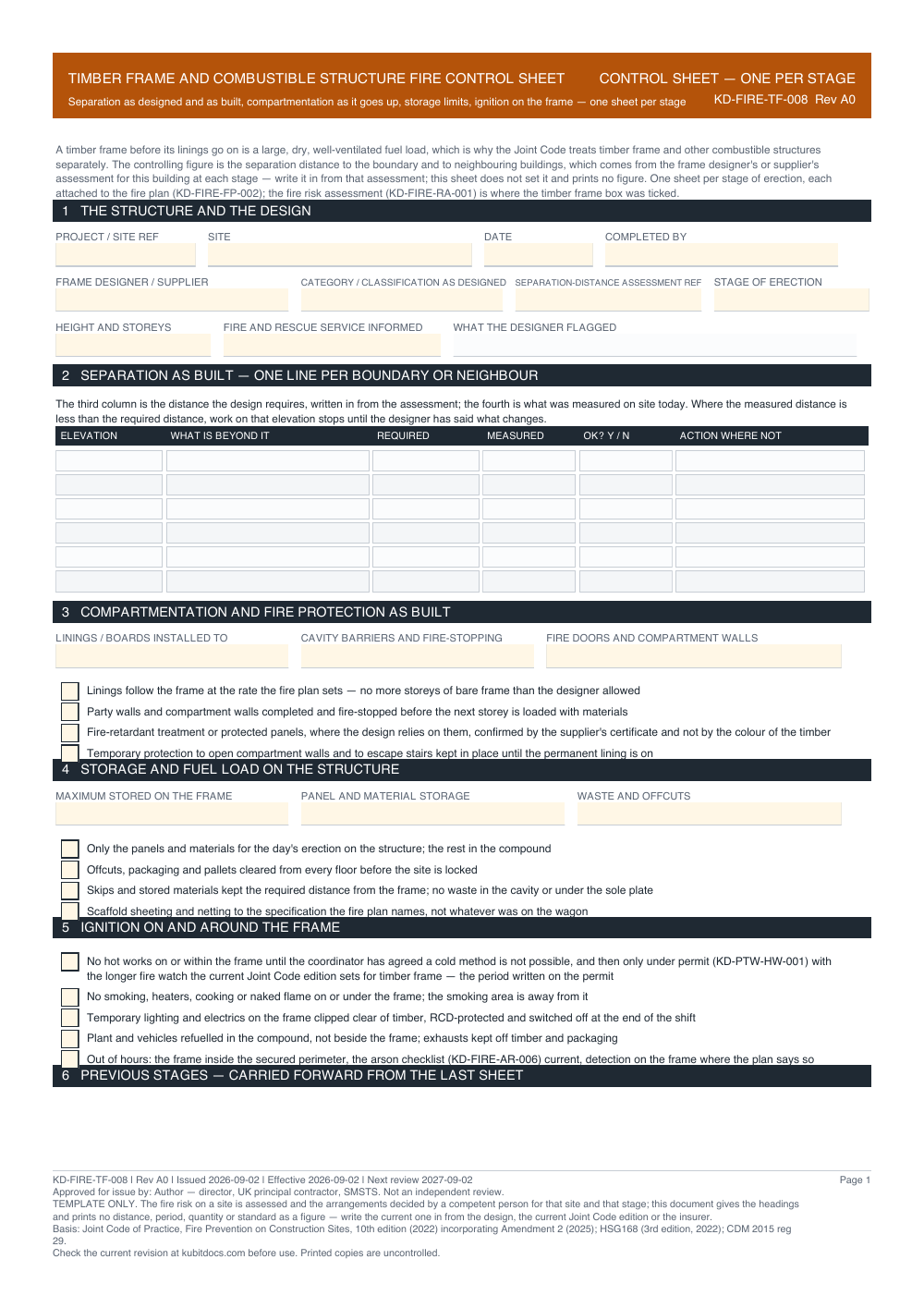 Timber Frame and Combustible Structure Fire Control Sheet — page one