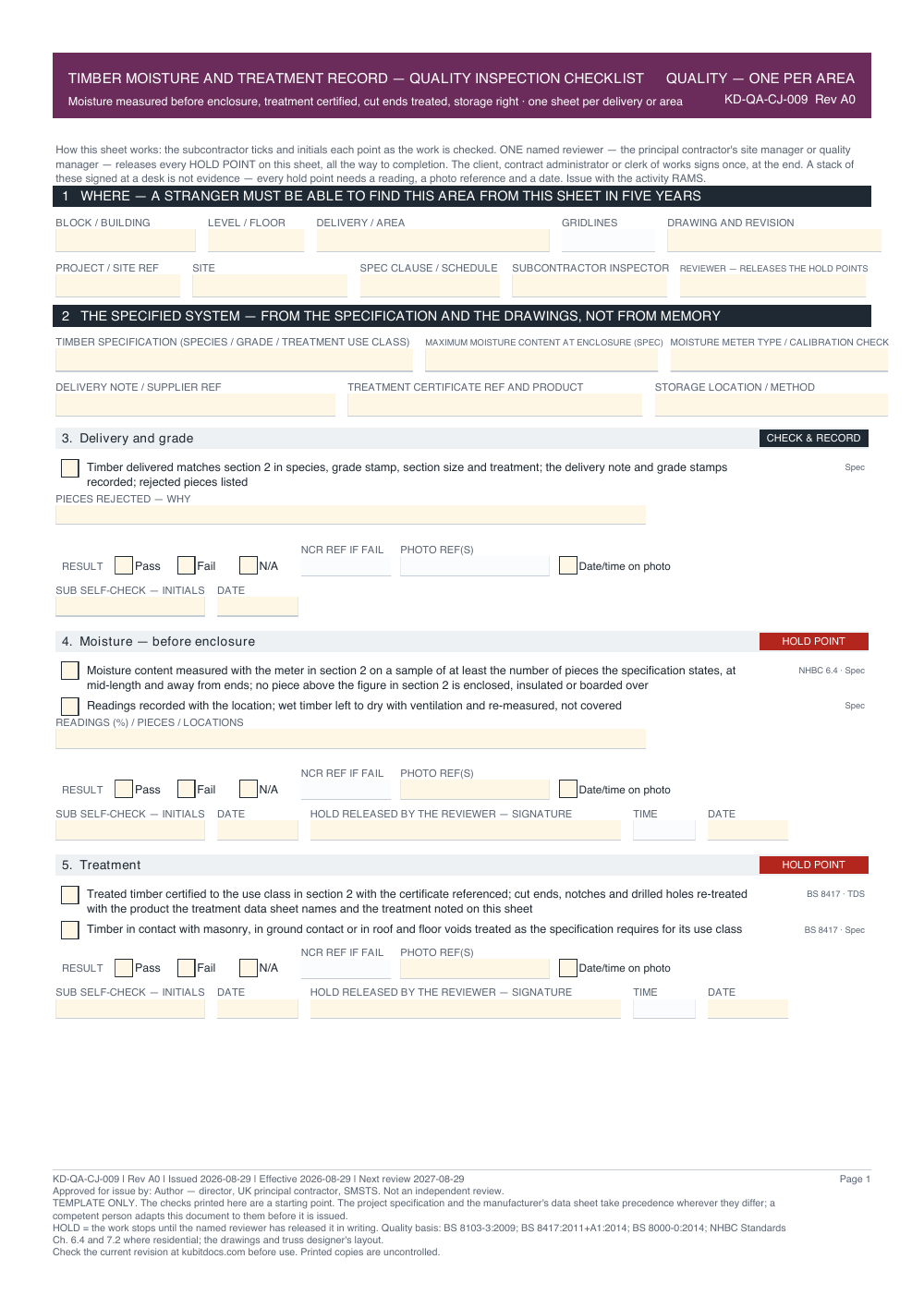 Timber Moisture and Treatment Record — Quality Inspection Checklist — page one