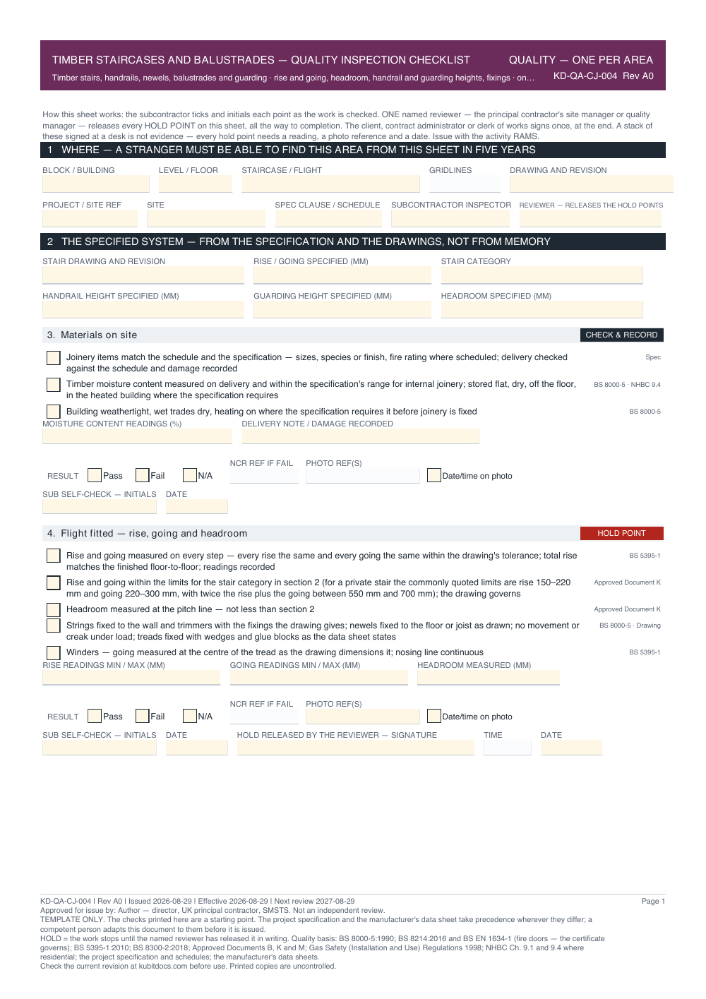 Timber Staircases and Balustrades — Quality Inspection Checklist — page one
