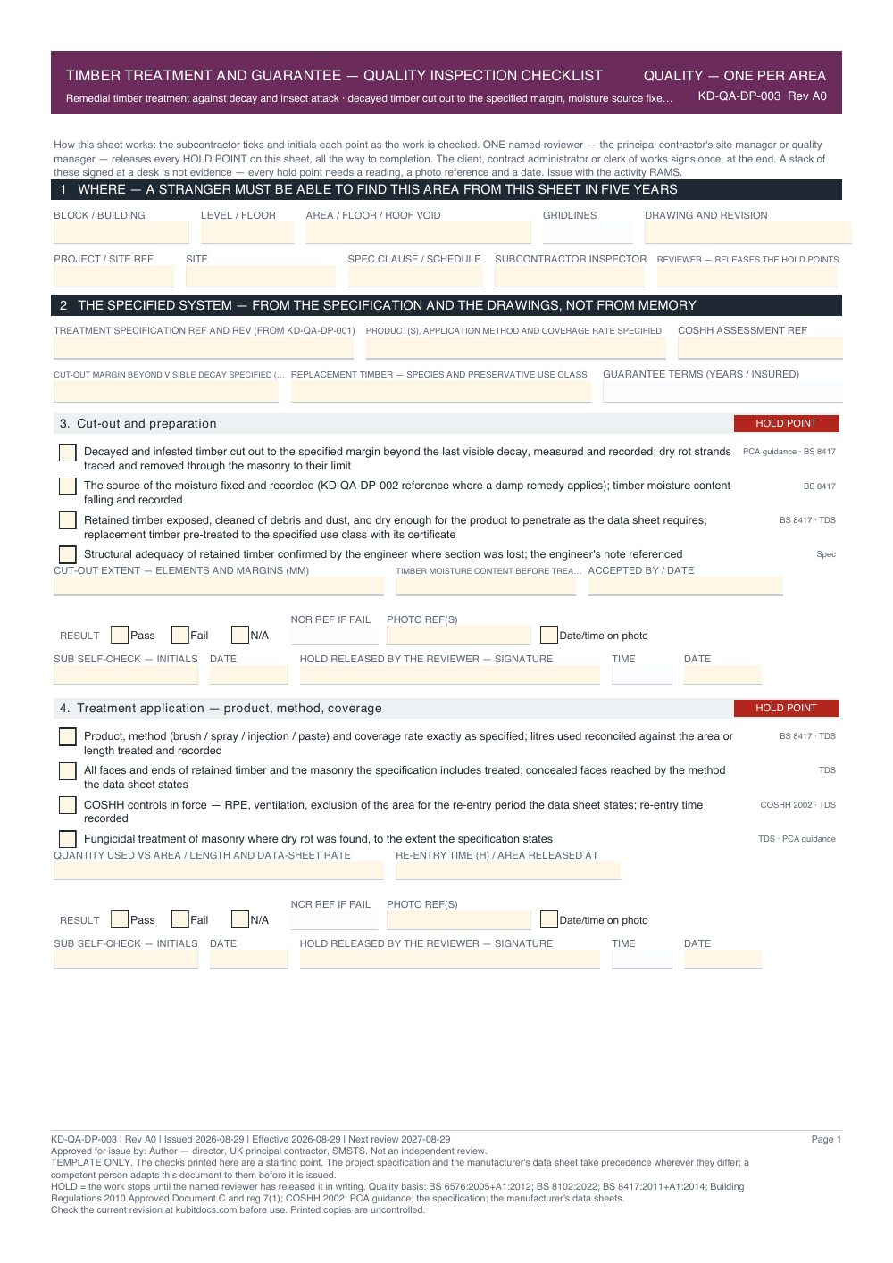 Timber Treatment and Guarantee — Quality Inspection Checklist — page one