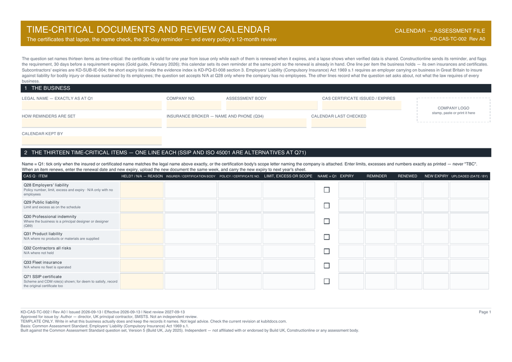 Time-Critical Documents and Review Calendar — page one