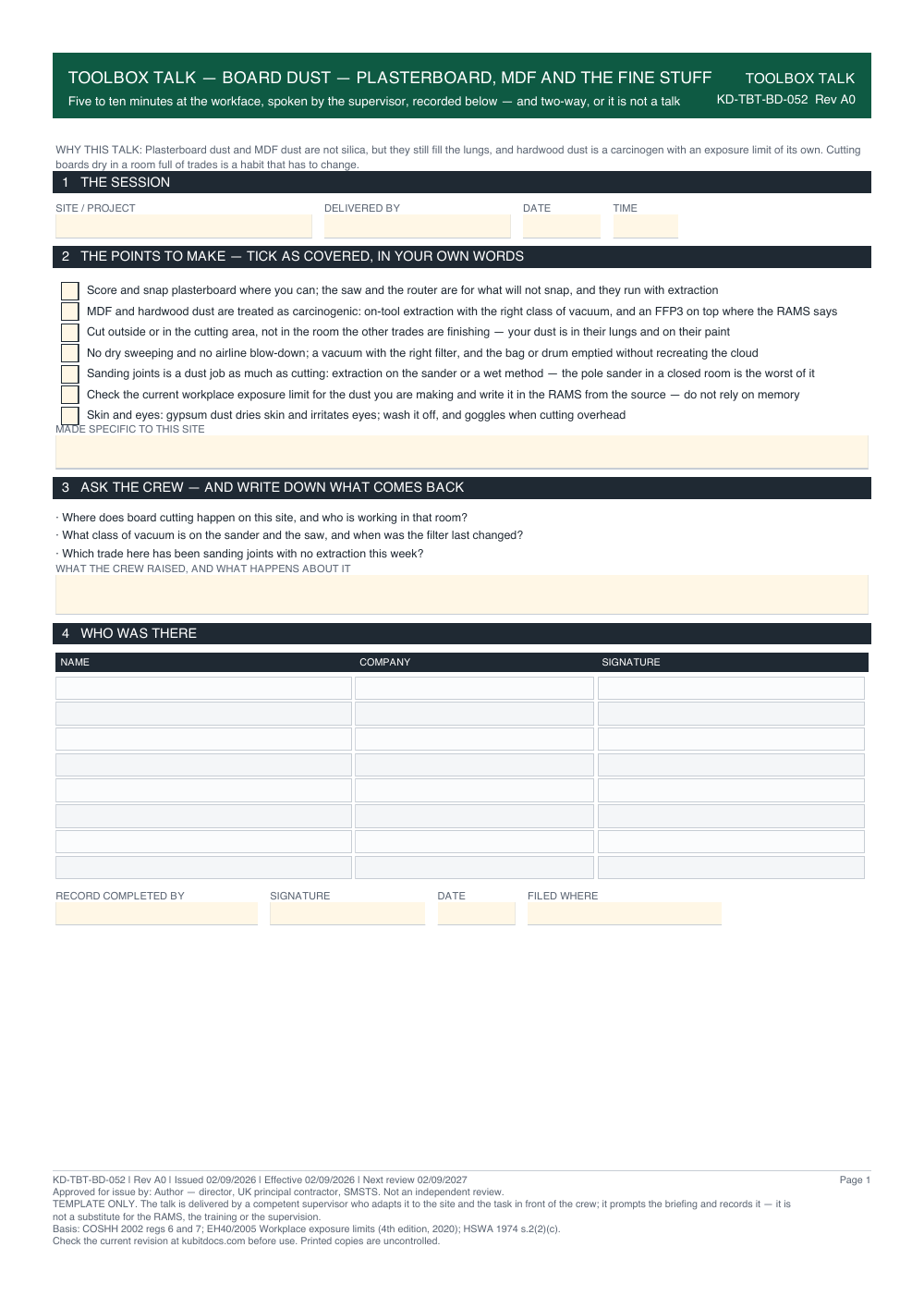 Toolbox Talk — Board Dust — Plasterboard, MDF and the Fine Stuff — page one