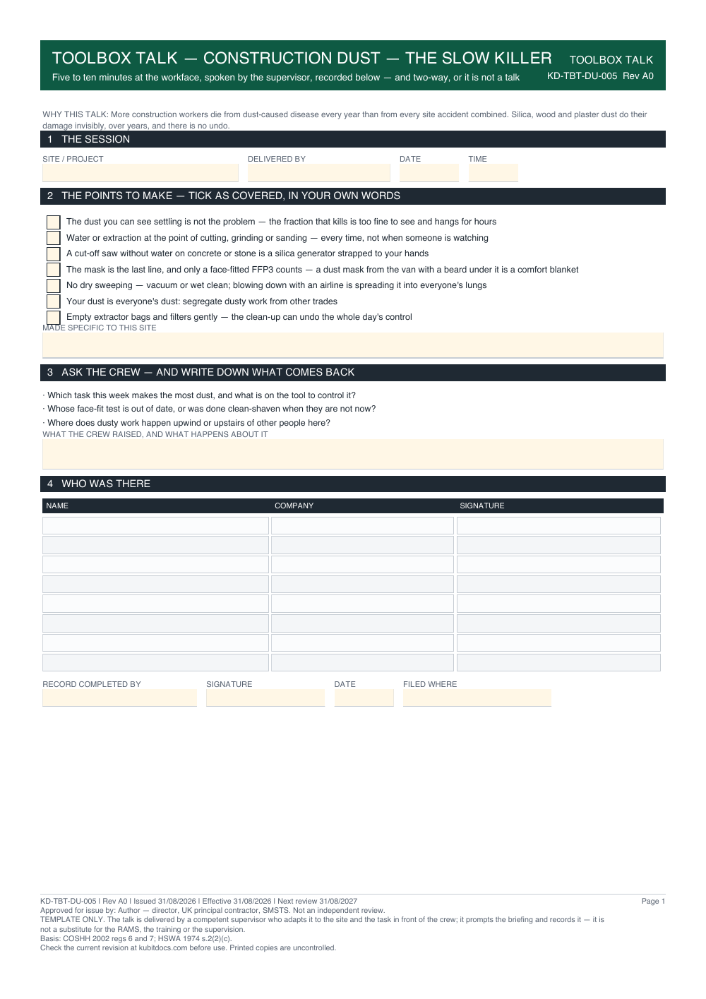 Toolbox Talk — Construction Dust — The Slow Killer — page one