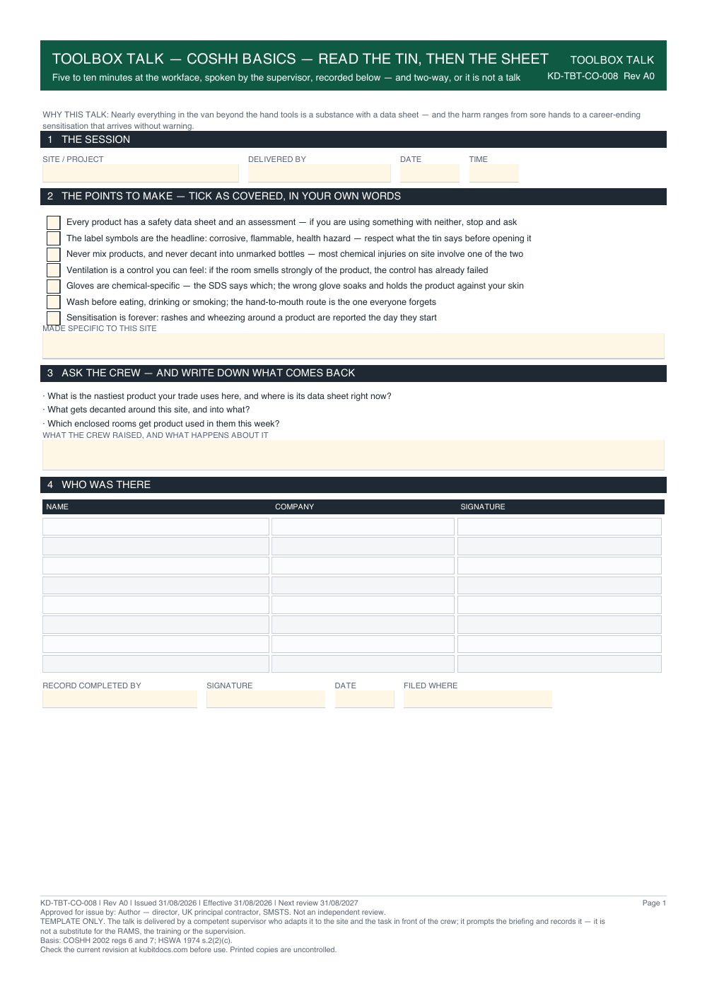Toolbox Talk — COSHH Basics — Read the Tin, Then the Sheet — page one