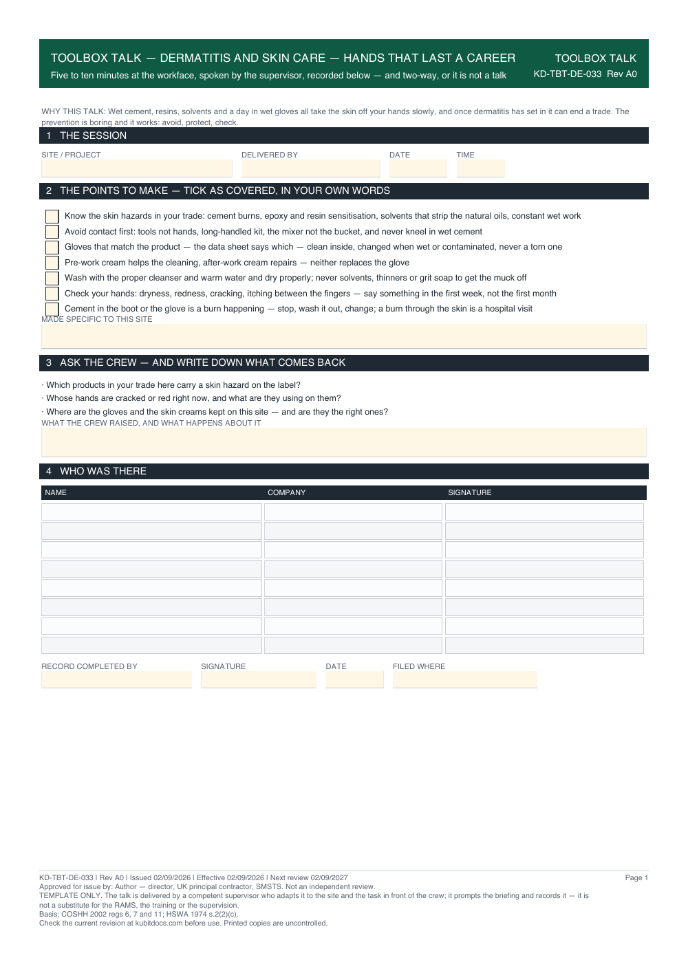 Toolbox Talk — Dermatitis and Skin Care — Hands That Last a Career — page one