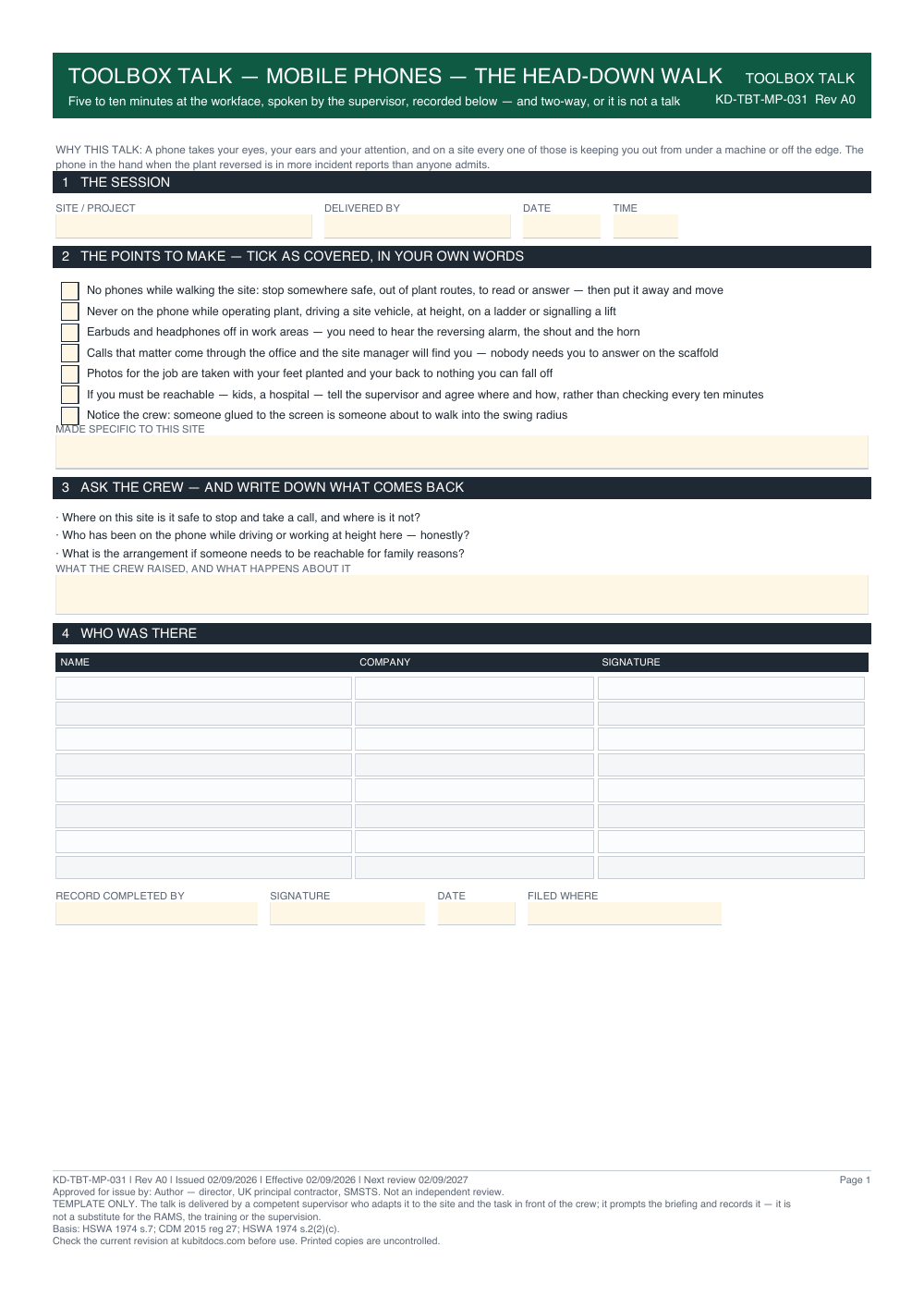 Toolbox Talk — Mobile Phones — The Head-Down Walk — page one