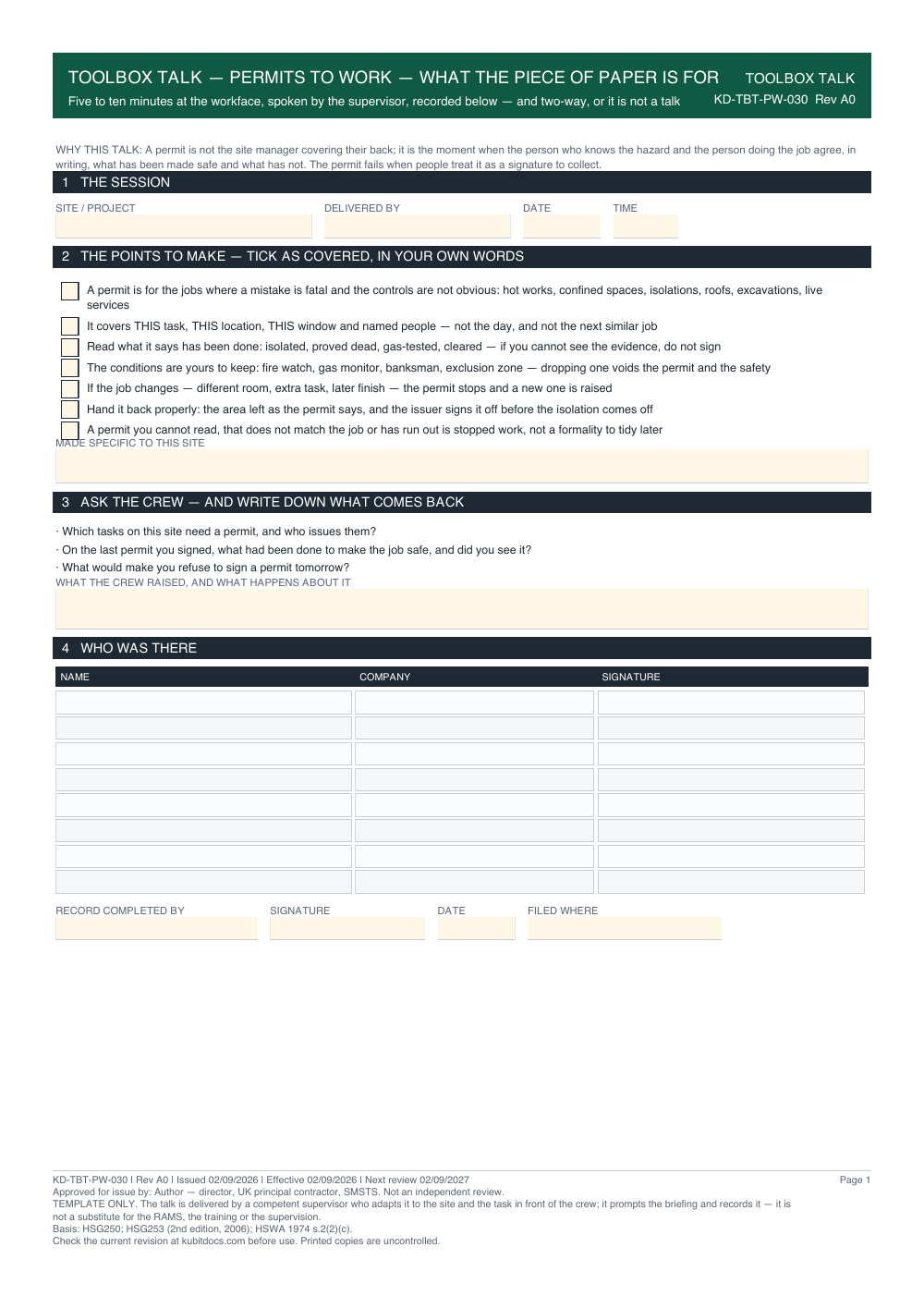 Toolbox Talk — Permits to Work — What the Piece of Paper Is For — page one