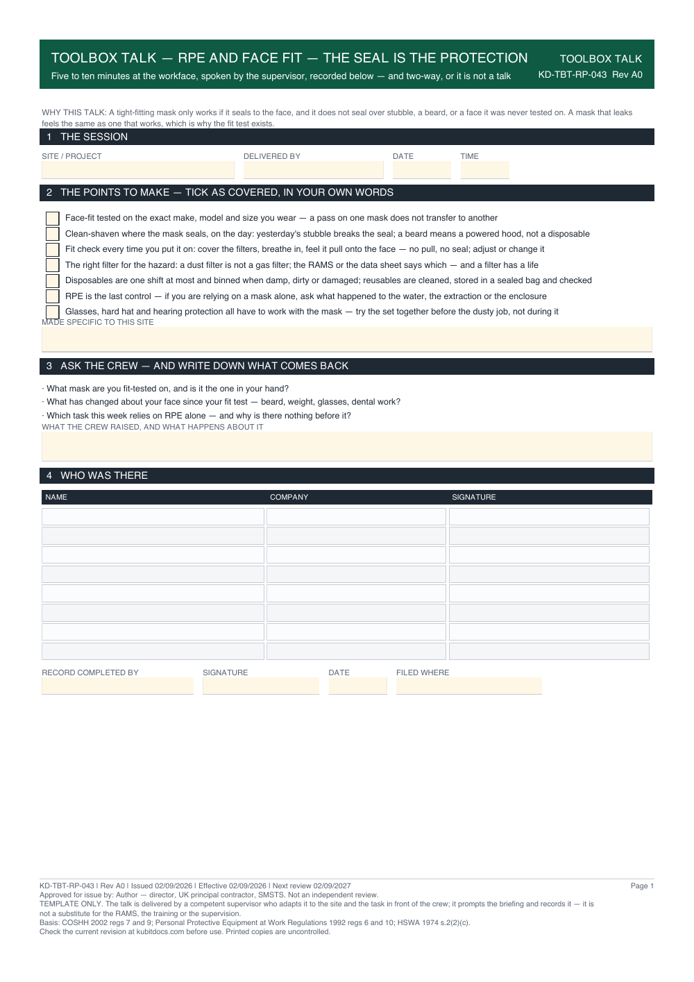 Toolbox Talk — RPE and Face Fit — The Seal Is the Protection — page one
